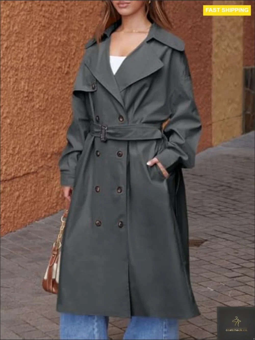 Oversized Double Breasted Trench Coat Classic Elegant Chic Belted Overcoat - Picture 6 of 7